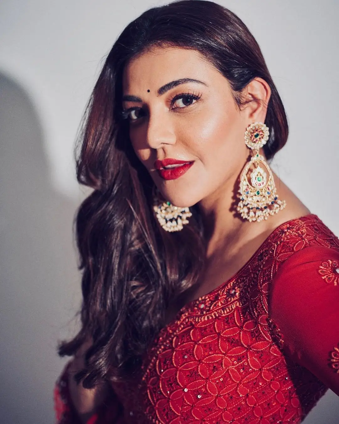 Kajal Aggarwal Long Hair Wearing Beautiful Earring Red Dress